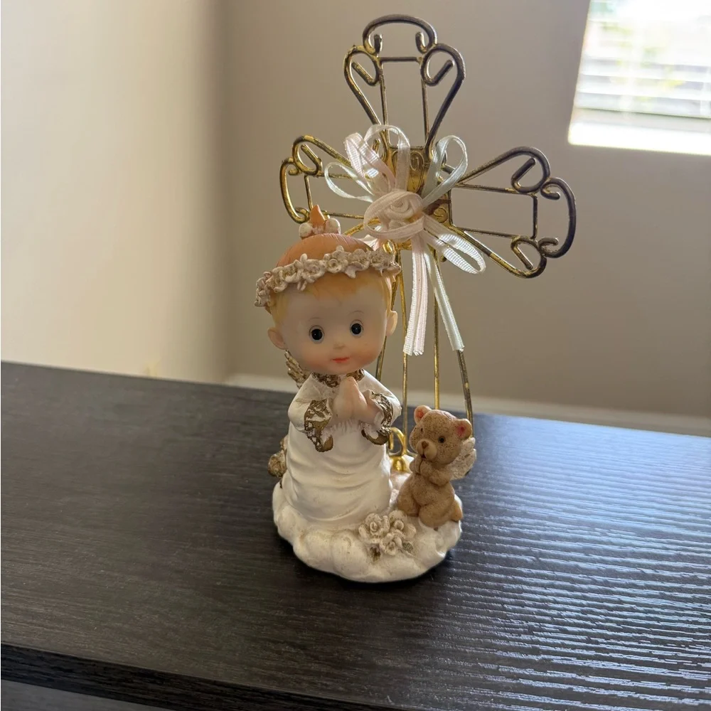 White and Gold Angel Favor Figurine with Teddy and Cross Accent